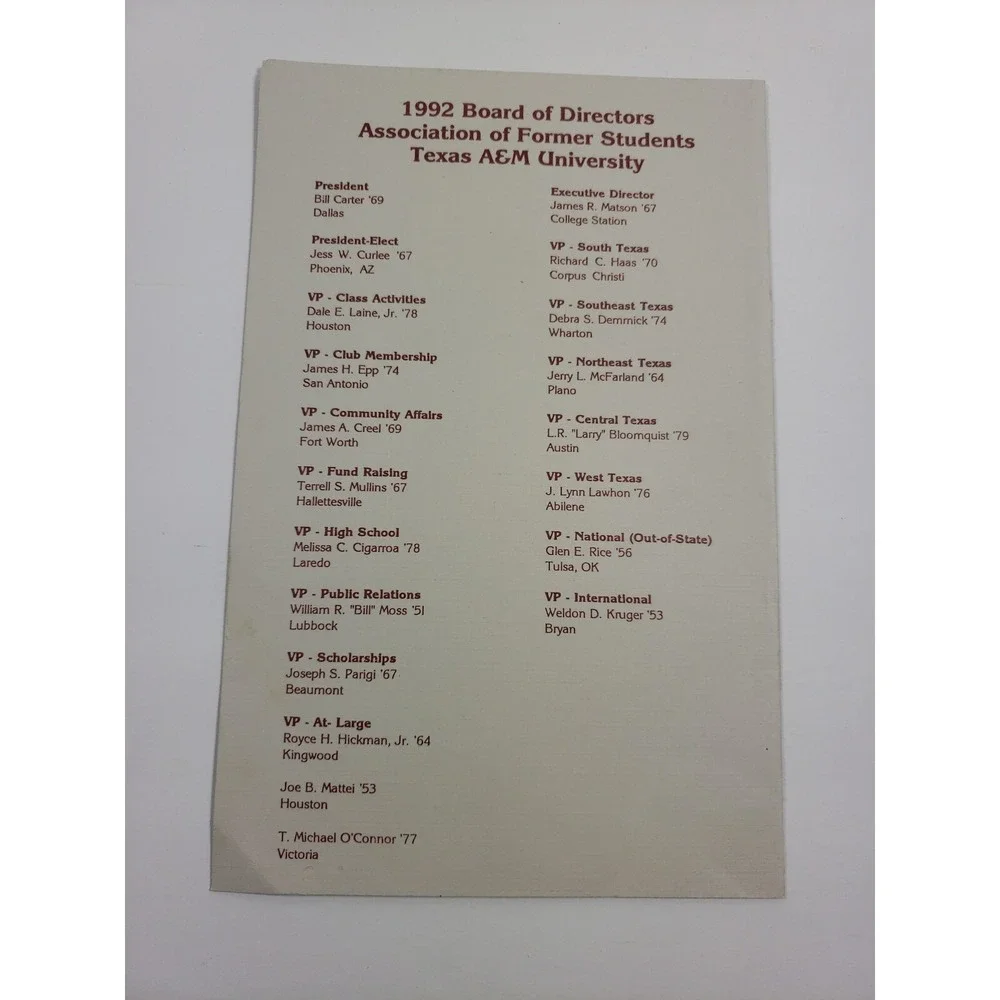 Texas A&M University Class of 92 Senior Induction Banquet Pamphlet